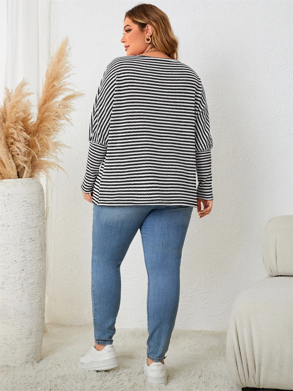 Plus Size Leg-of-Mutton Sleeve on Striped Casual Tops Plus Size | Chuzko.com