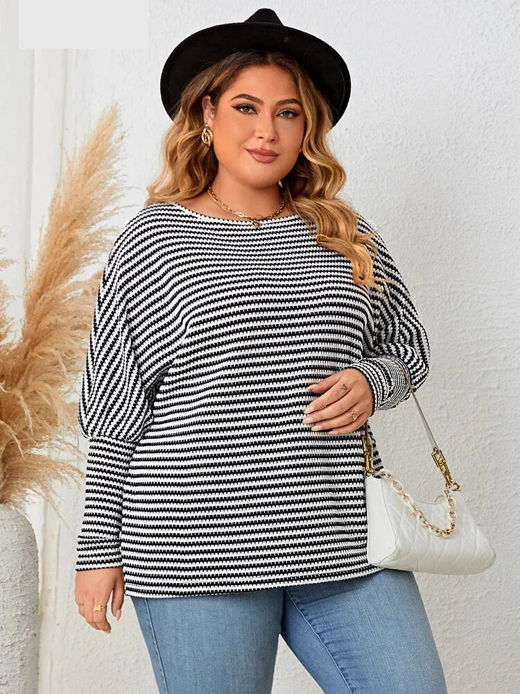 Plus Size Leg-of-Mutton Sleeve on Striped Casual Tops Plus Size | Chuzko.com