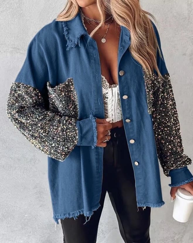 Sequin Accents on Oversized Distressed Denim Shacket – Metal | Chuzko.com