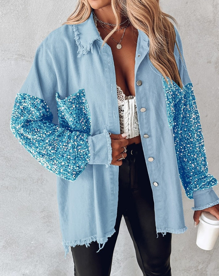 Sequin Accents on Oversized Distressed Denim Shacket – Metal | Chuzko.com