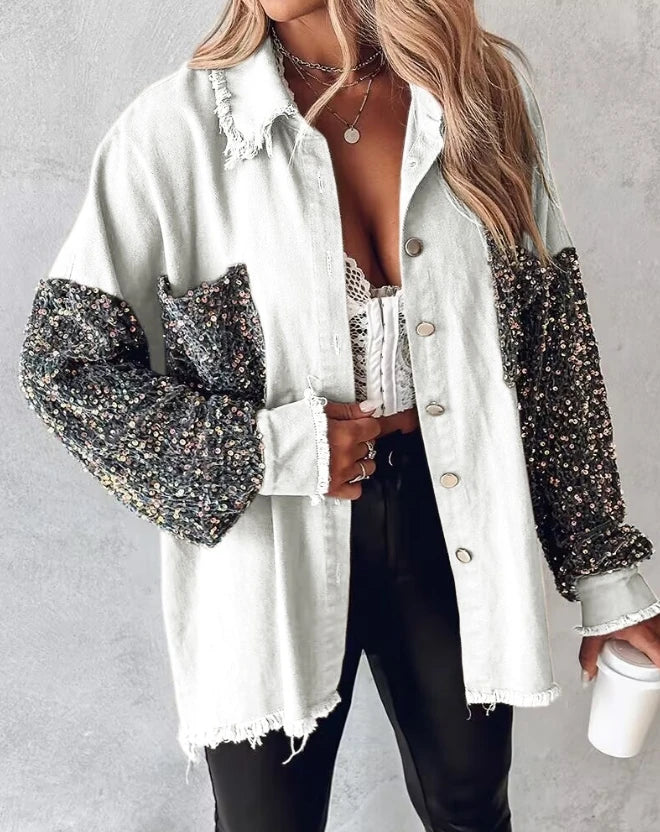 Sequin Accents on Oversized Distressed Denim Shacket – Metal | Chuzko.com