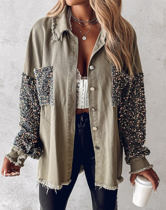 Sequin Accents on Oversized Distressed Denim Shacket – Metal | Chuzko.com