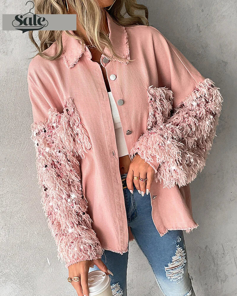 Fuzzy Tassel Patchwork Denim Distressed Jackets undefined | Chuzko.com