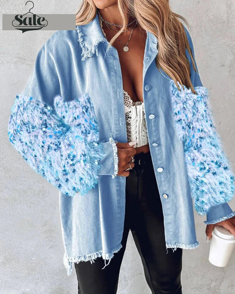 Fuzzy Tassel Patchwork Denim Distressed Jackets undefined | Chuzko.com