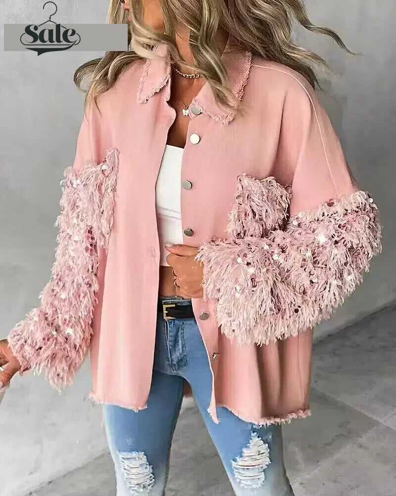 Fuzzy Tassel Patchwork Denim Distressed Jackets undefined | Chuzko.com