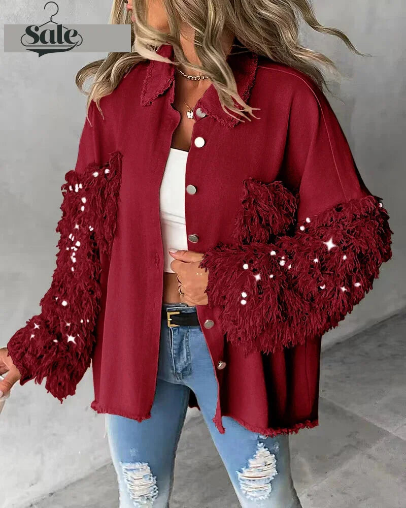 Fuzzy Tassel Patchwork Denim Distressed Jackets undefined | Chuzko.com