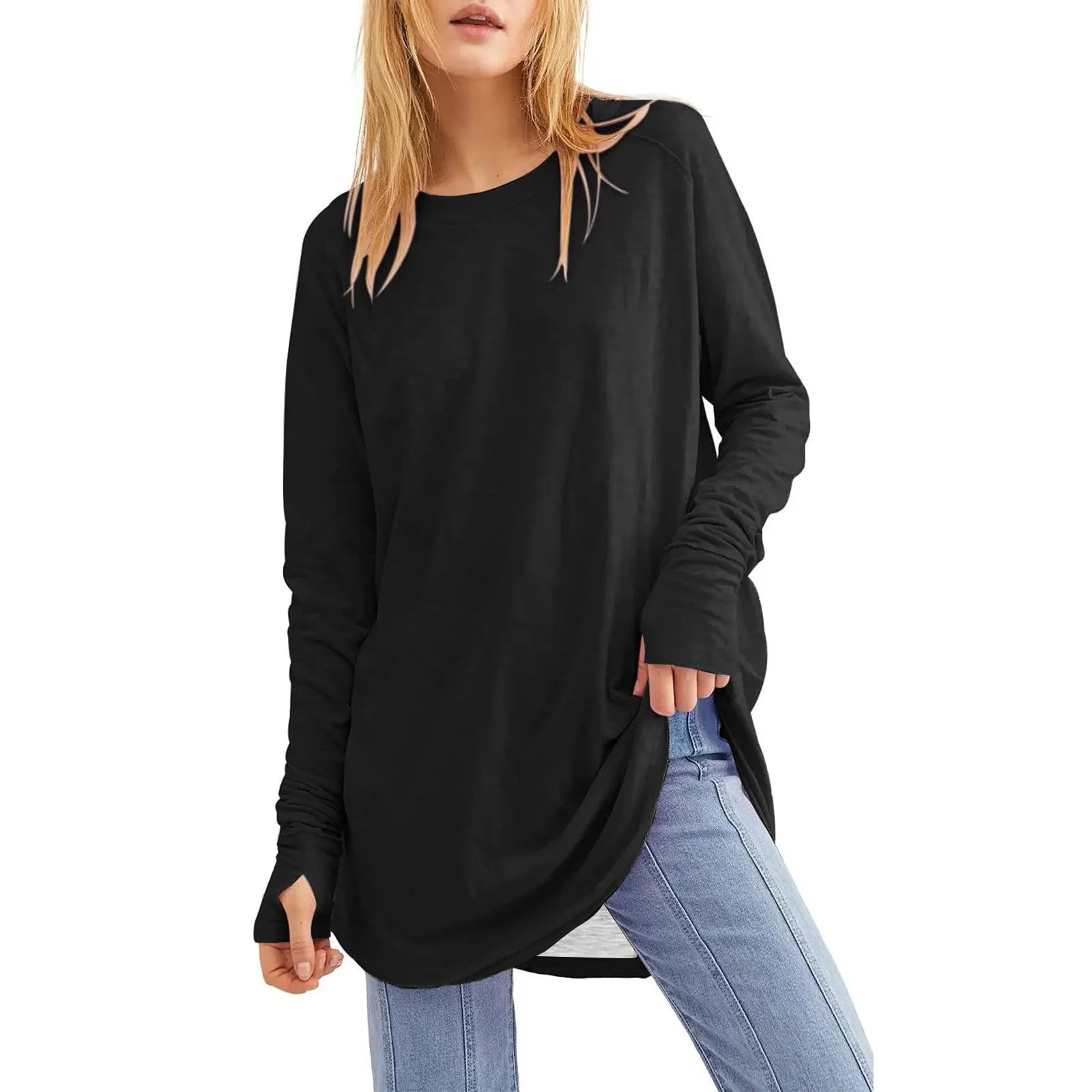 Casual Jersey Tee Thumb Cuff Slim Fit Casual Tops | Chuzko.com