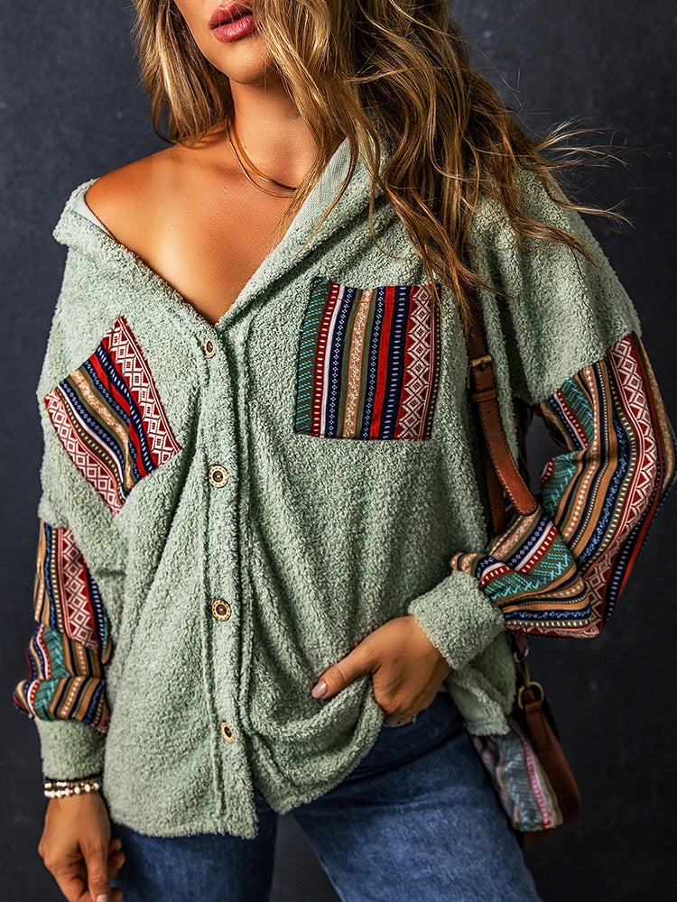 Cozy Plush Ethnic Work-Patch Hooded Shackets – Boho Shackets | Chuzko.com