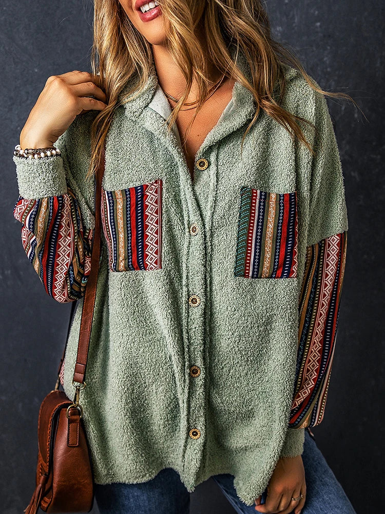 Cozy Plush Ethnic Work-Patch Hooded Shackets – Boho Shackets | Chuzko.com