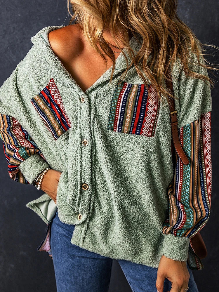 Cozy Plush Ethnic Work-Patch Hooded Shackets – Boho Shackets | Chuzko.com