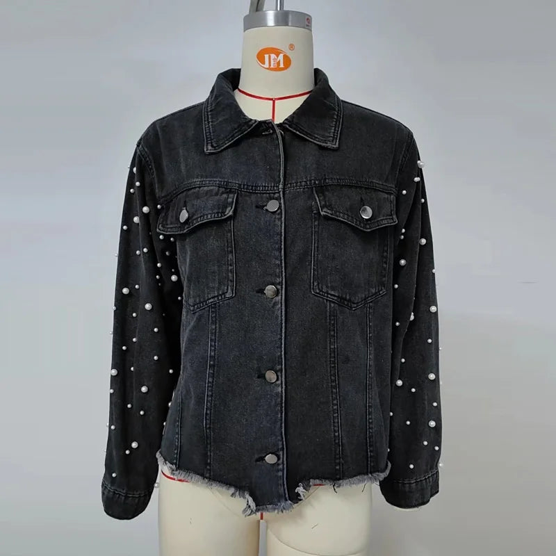 Pearl Applique Distressed Hems Denim Jackets Denim Jackets | Chuzko.com