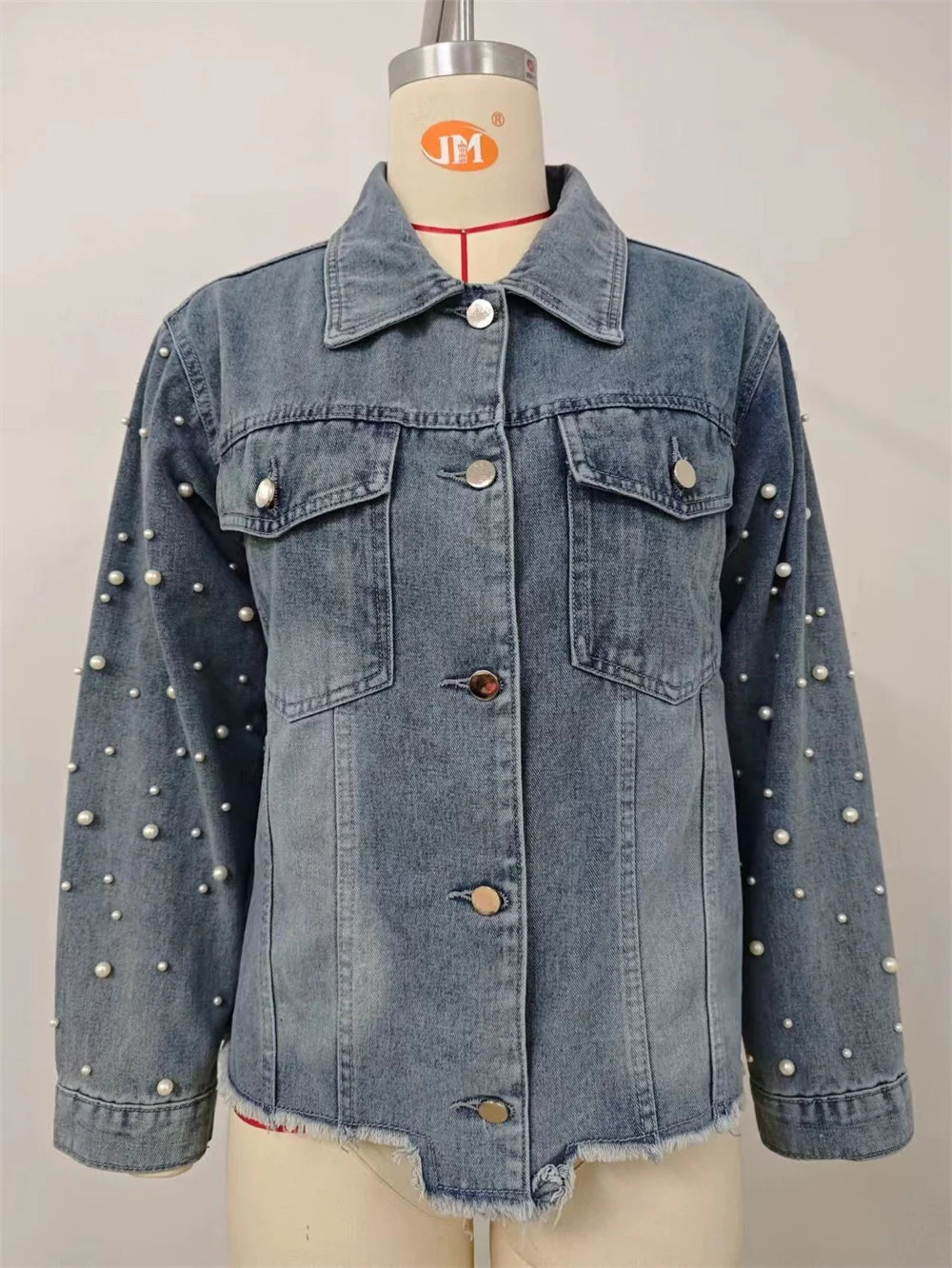 Pearl Applique Distressed Hems Denim Jackets Denim Jackets | Chuzko.com