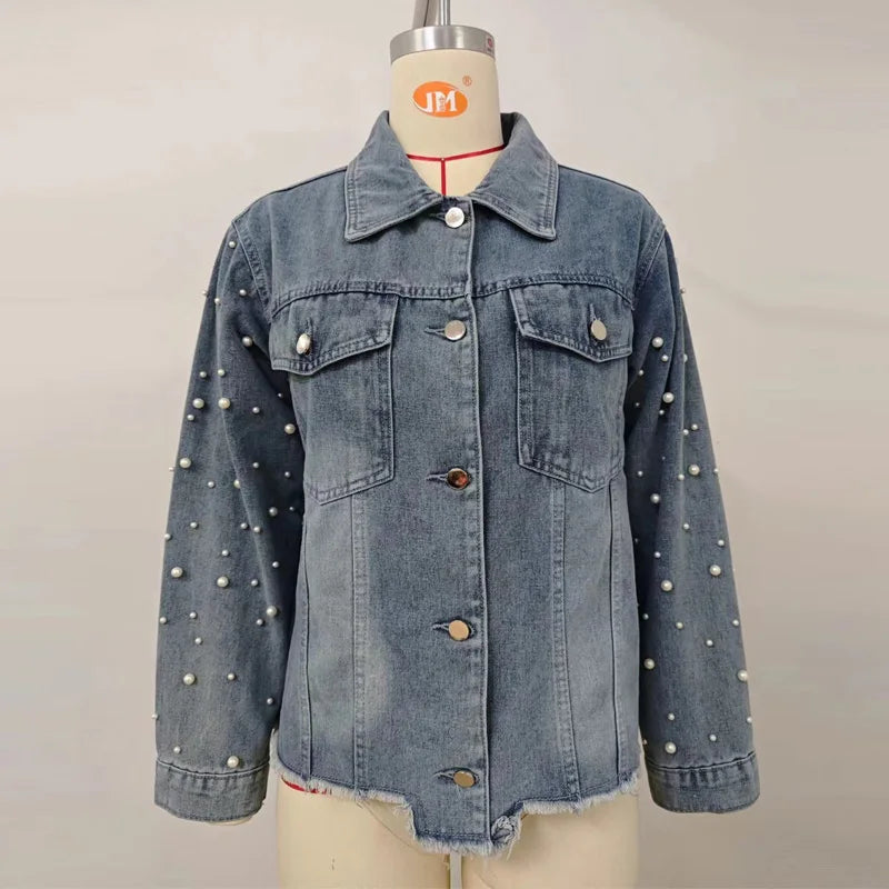 Pearl Applique Distressed Hems Denim Jackets Denim Jackets | Chuzko.com