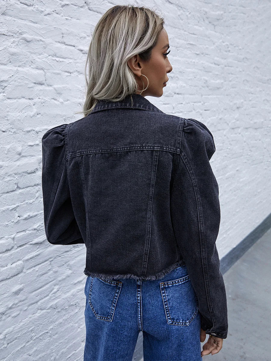 Puff Sleeve Crop Denim Jackets - Female Outwear Casual Denim | Chuzko.com