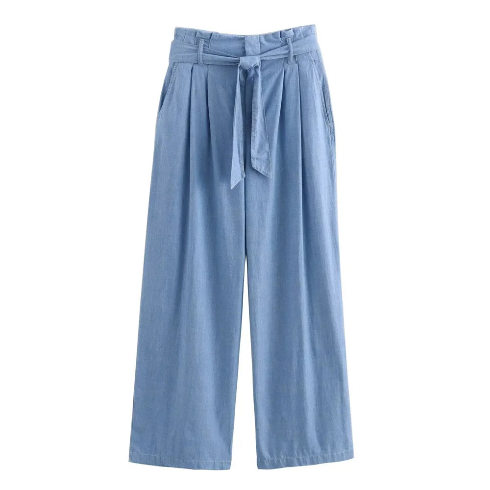 Tie Belt Palazzo Pants & Long-Sleeved Crop Shirt Matching Set | Chuzko.com