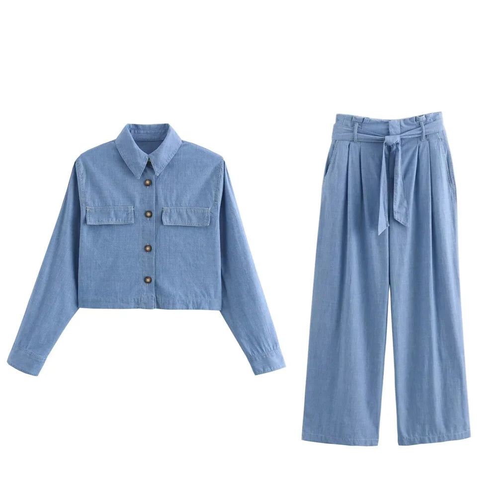 Casual Chic Tie Belt Palazzo Pants & Crop Shirt Set