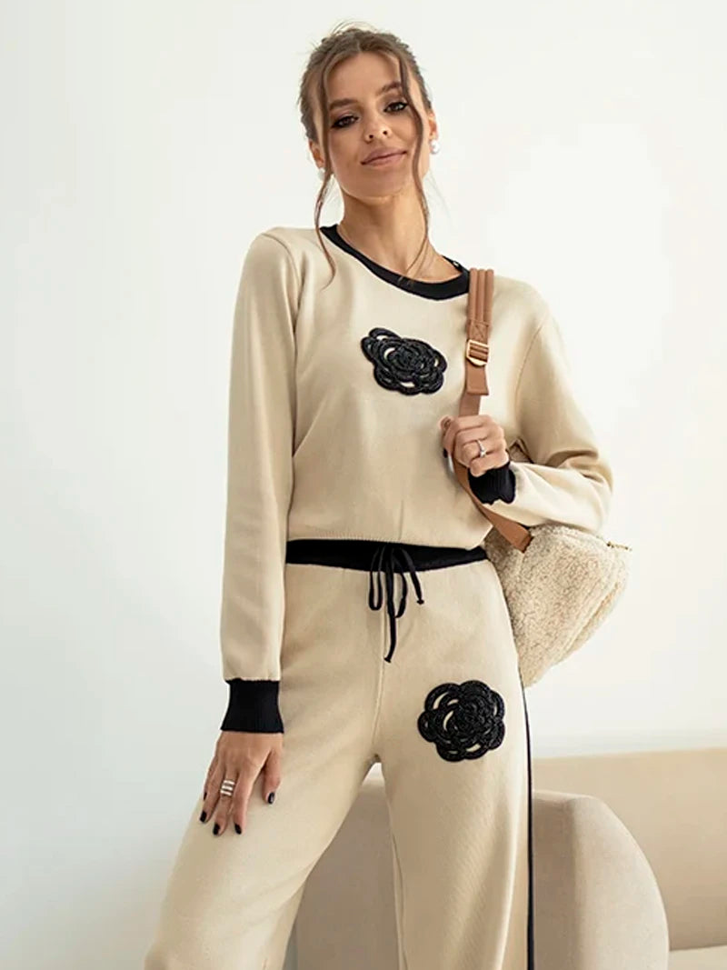 Knitted Matching Set – Palazzos & Sweater Trim Accents Pants | Chuzko.com