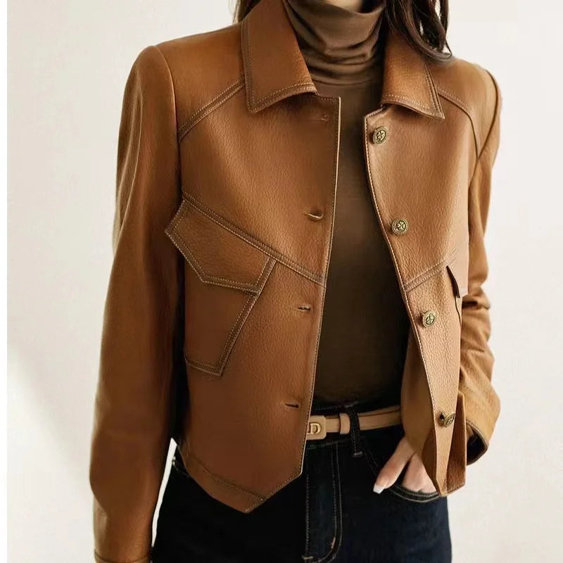 Stitched Faux Leather Crop Jacket Outwear	