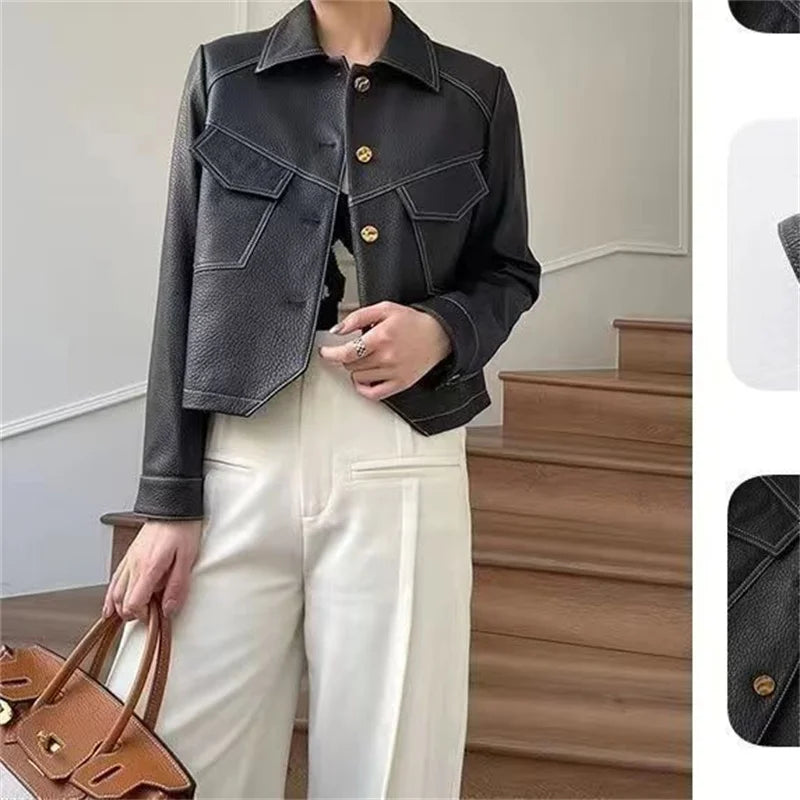 Stitched Faux Leather Crop Jacket Outwear Jackets | Chuzko.com