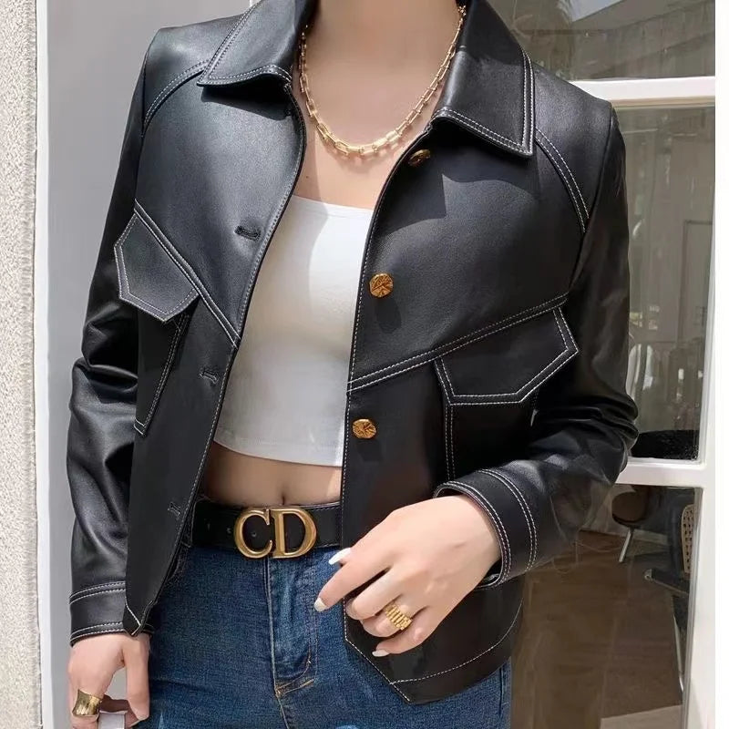 Stitched Faux Leather Crop Jacket Outwear Jackets | Chuzko.com