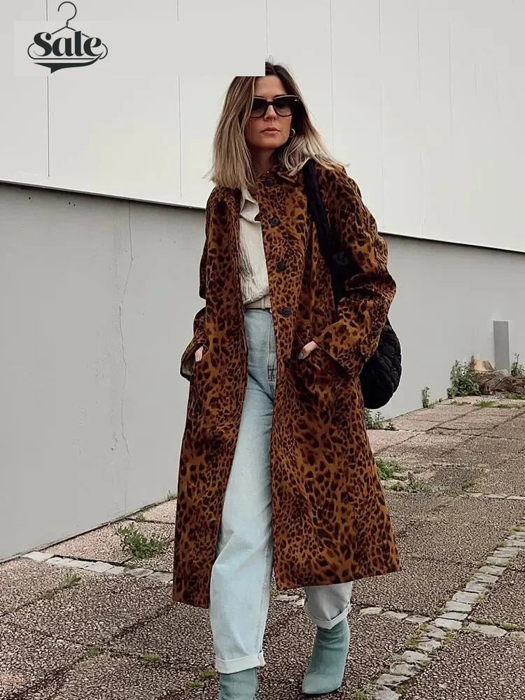 Leopard Print Long Coat Animal Pattern Winter Outwear Coats | Chuzko.com