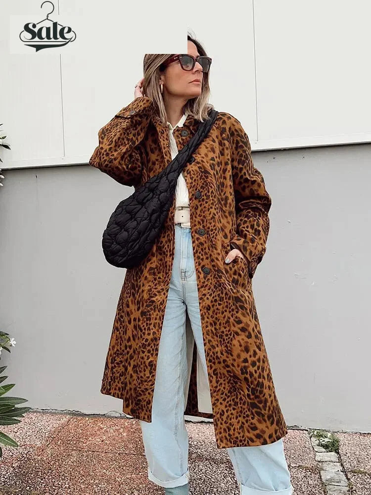 Leopard Print Long Coat Animal Pattern Winter Outwear	