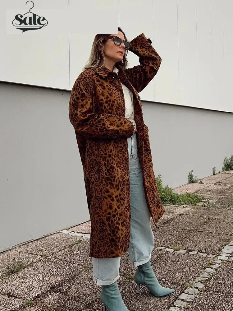 Leopard Print Long Coat Animal Pattern Winter Outwear Coats | Chuzko.com