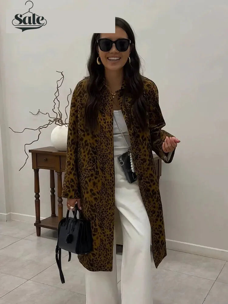 Leopard Print Long Coat Animal Pattern Winter Outwear Coats | Chuzko.com