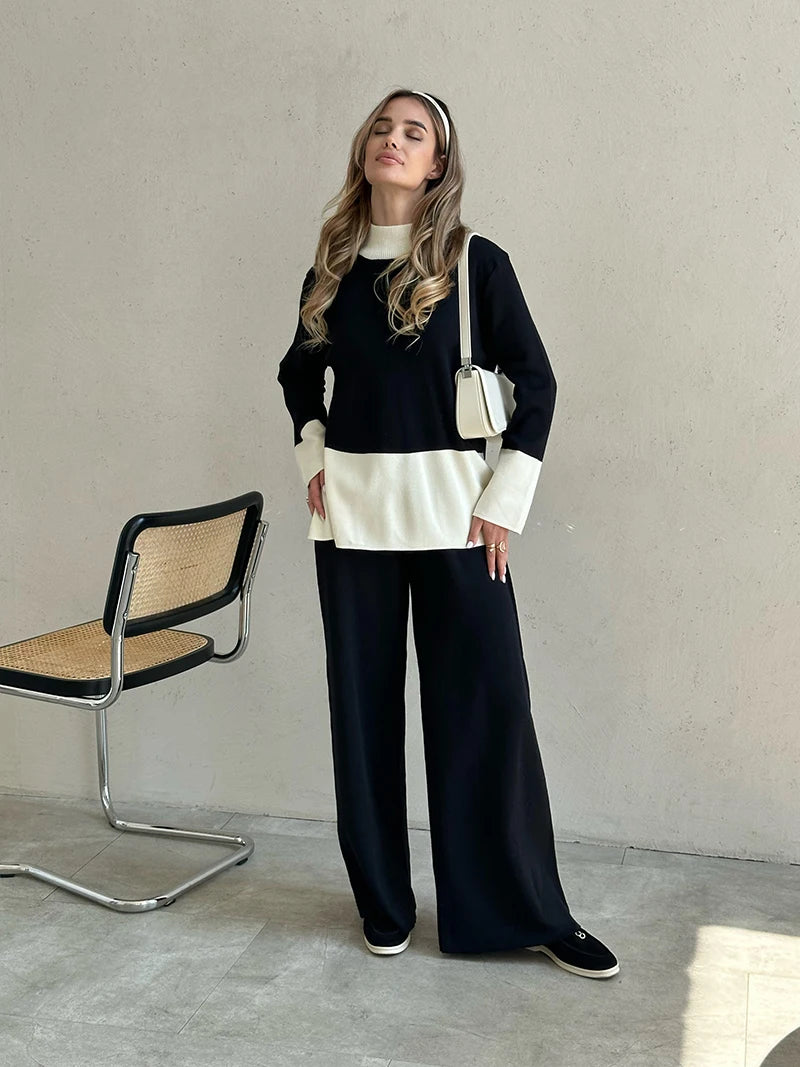 Knit 2 Piece Matching Set – Sweaters + Pallazo Pants Two Tone | Chuzko.com