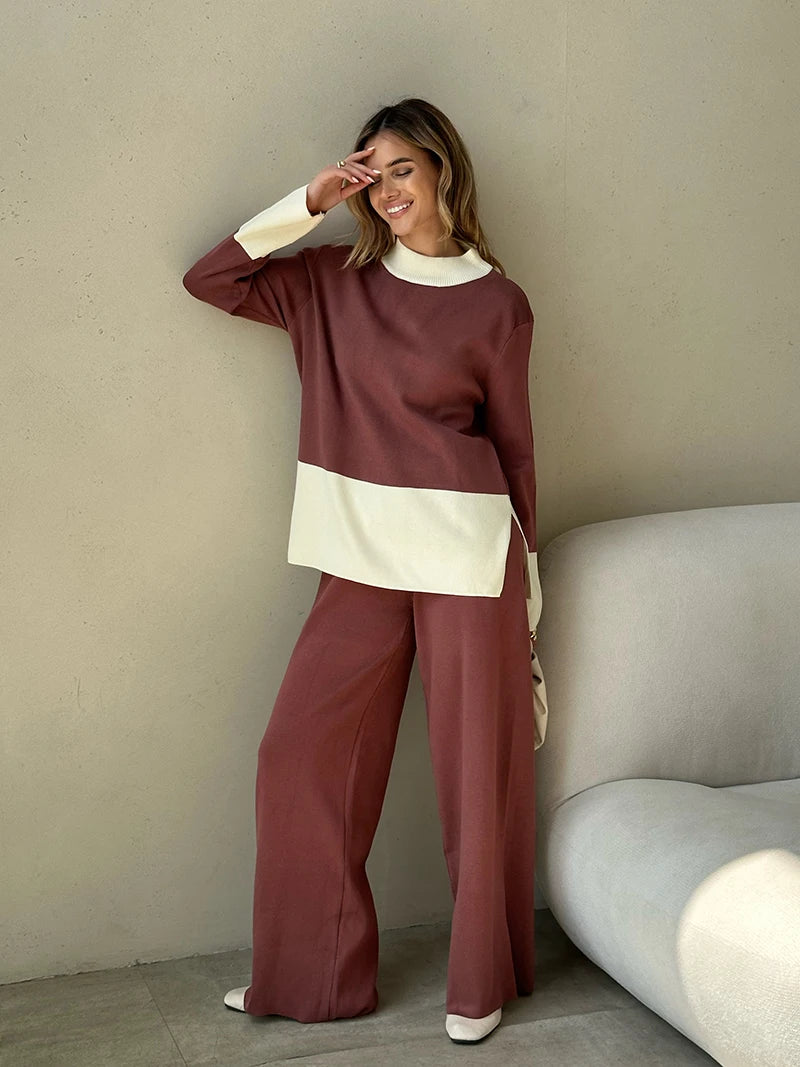 Knit 2 Piece Matching Set – Sweaters + Pallazo Pants Two Tone | Chuzko.com