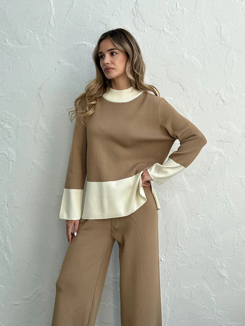 Knit 2 Piece Matching Set – Sweaters + Pallazo Pants Two Tone | Chuzko.com