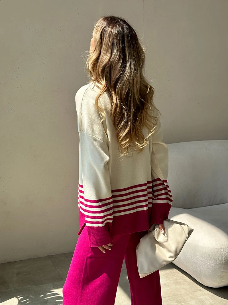 Stripes & Solid Knit Matching Set - Knitted Two Piece Set Outfit | Chuzko.com