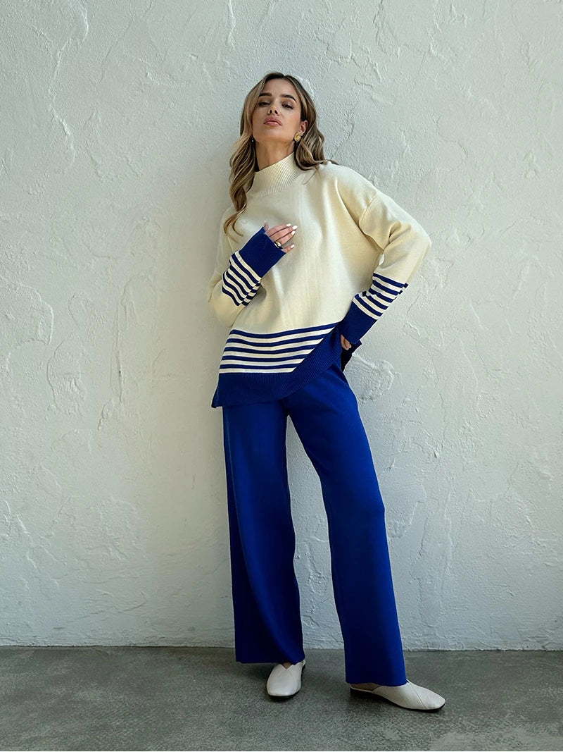 Stripes & Solid Knit Matching Set - Knitted Two Piece Set Outfit | Chuzko.com