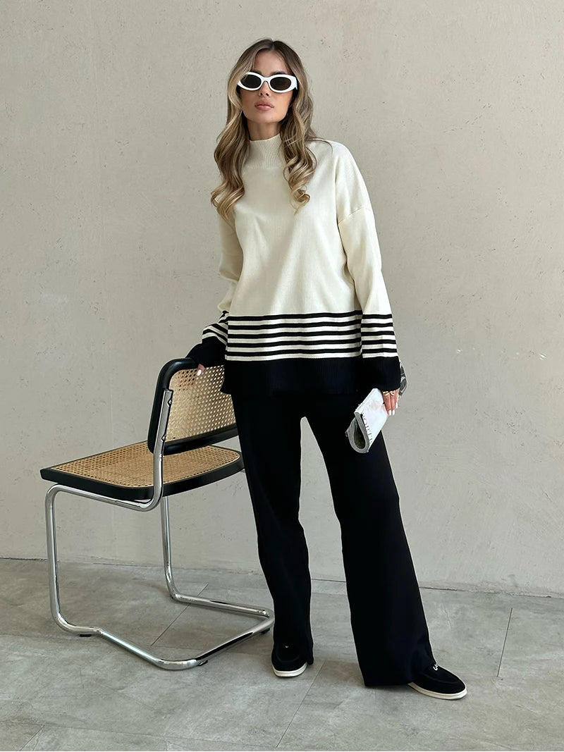 Stripes & Solid Knit Matching Set - Knitted Two Piece Set Outfit | Chuzko.com