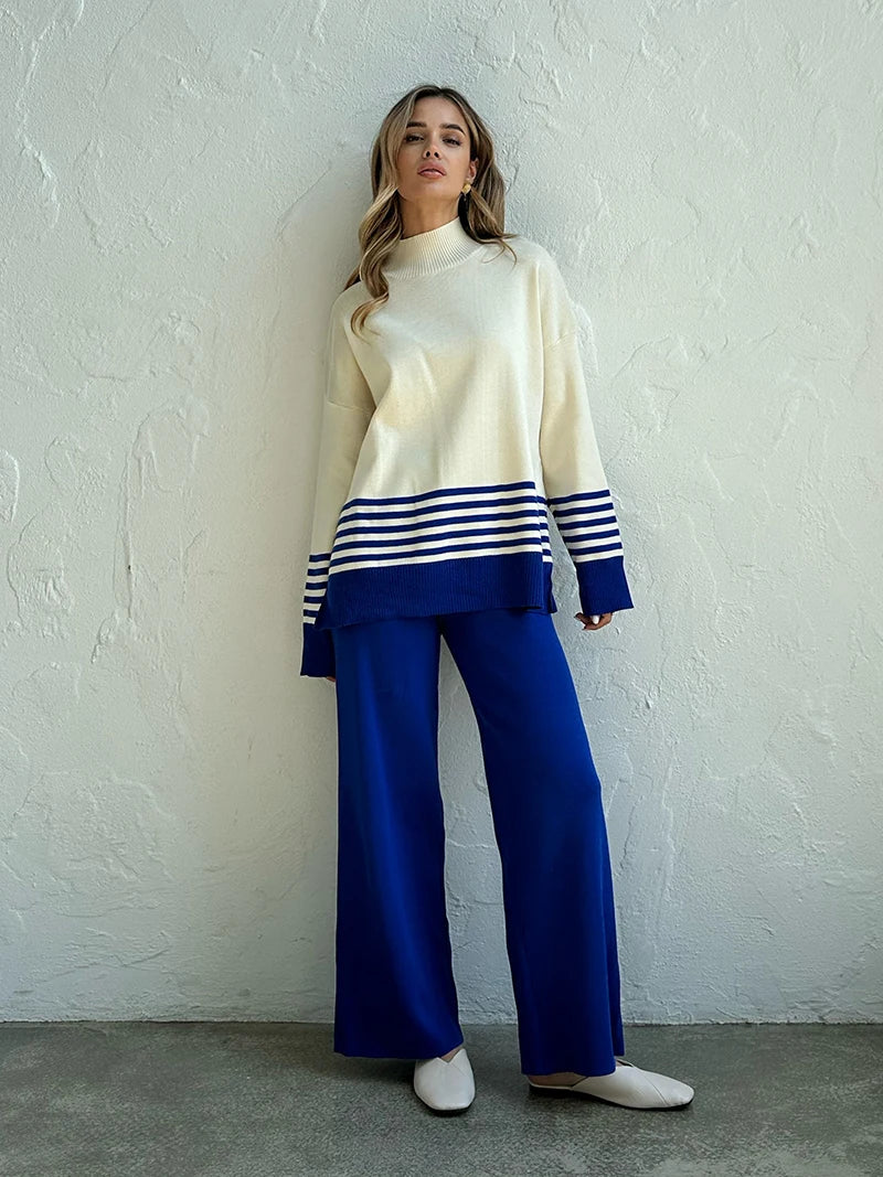 Stripes & Solid Knit Matching Set - Knitted Two Piece Set Outfit | Chuzko.com