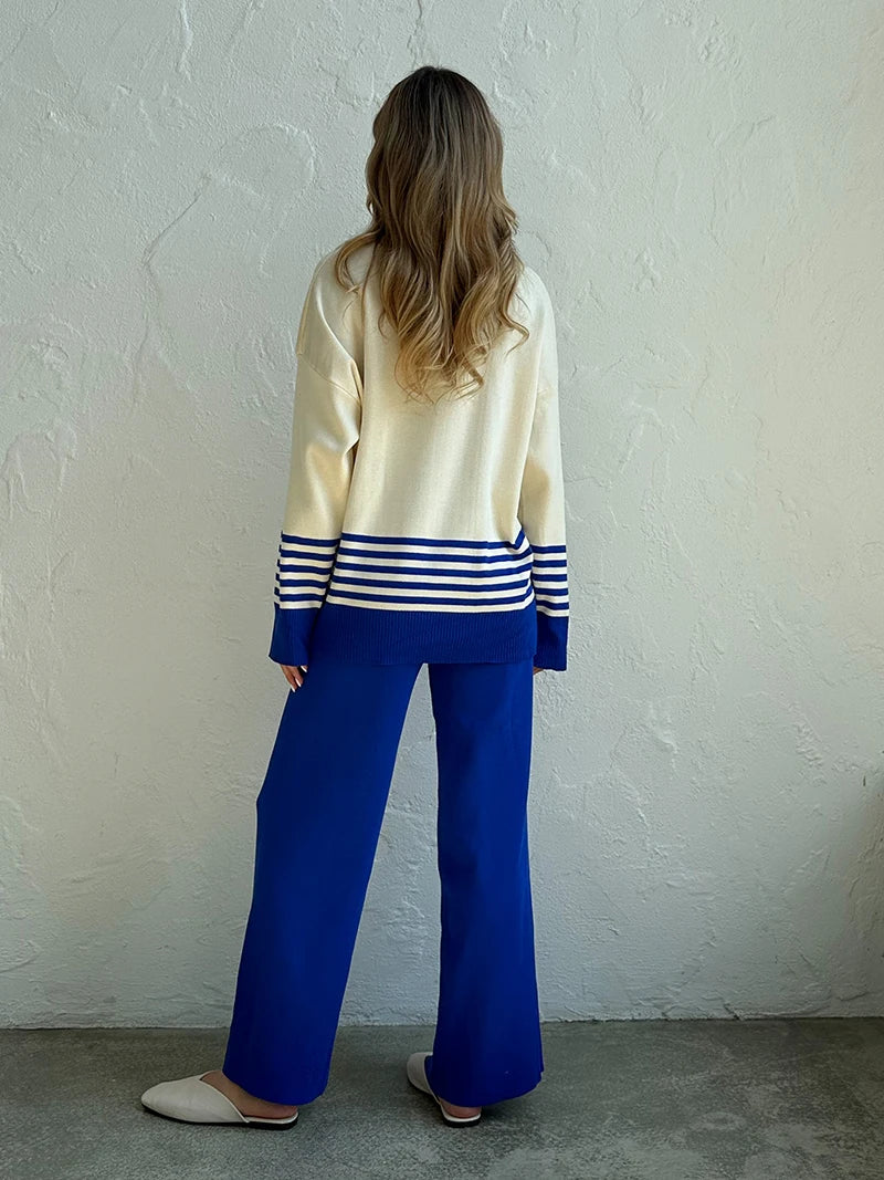 Stripes & Solid Knit Matching Set - Knitted Two Piece Set Outfit | Chuzko.com