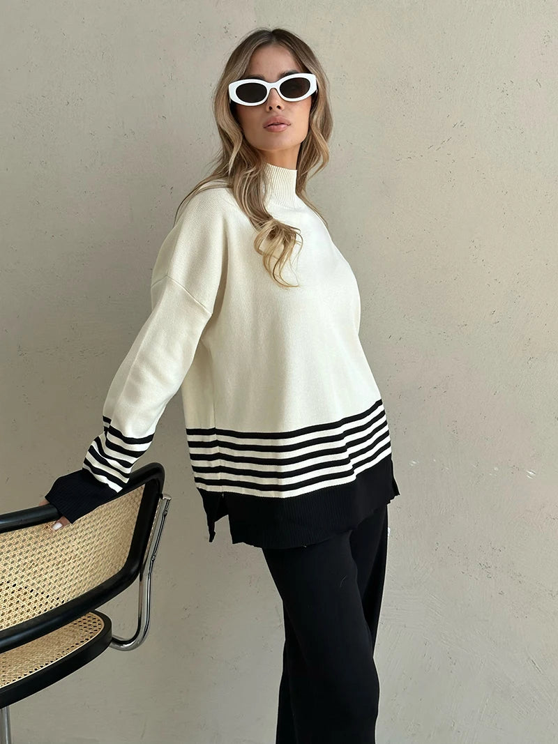 Stripes & Solid Knit Matching Set - Knitted Two Piece Set Outfit | Chuzko.com