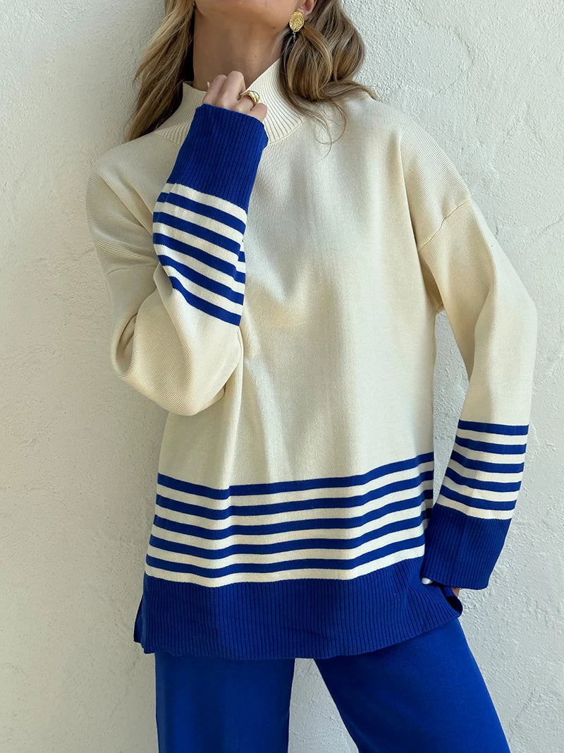 Stripes & Solid Knit Matching Set - Knitted Two Piece Set Outfit | Chuzko.com