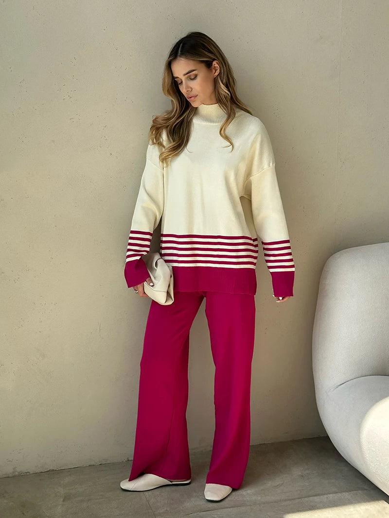 Stripes & Solid Knit Matching Set - Knitted Two Piece Set Outfit | Chuzko.com