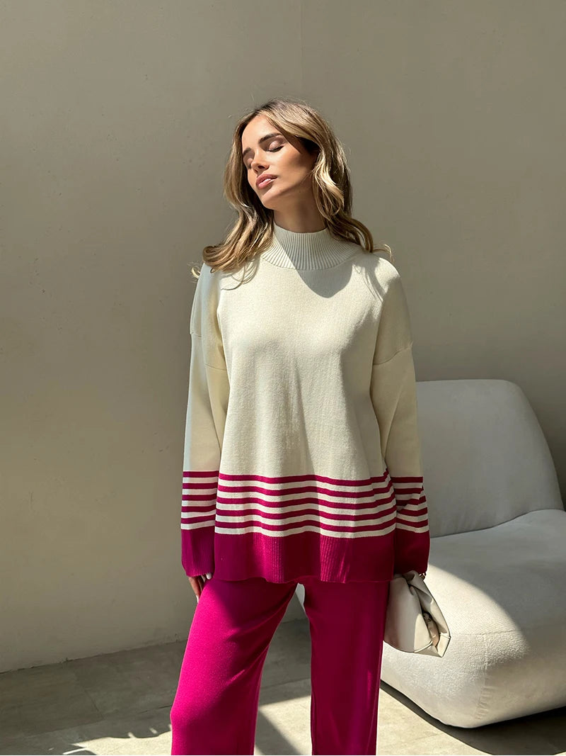 Stripes & Solid Knit Matching Set - Knitted Two Piece Set Outfit | Chuzko.com