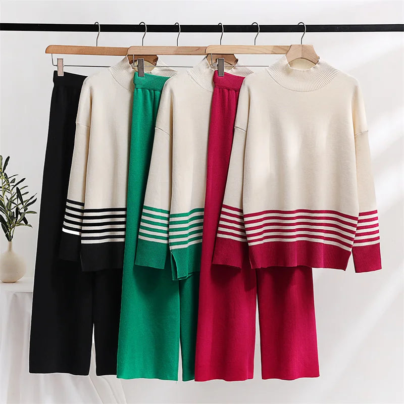 Stripes & Solid Knit Matching Set - Knitted Two Piece Set Outfit | Chuzko.com