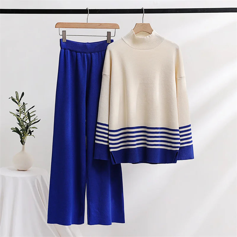 Stripes & Solid Knit Matching Set - Knitted Two Piece Set Outfit | Chuzko.com