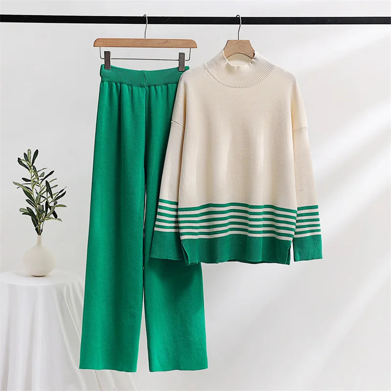 Stripes & Solid Knit Matching Set - Knitted Two Piece Set Outfit | Chuzko.com