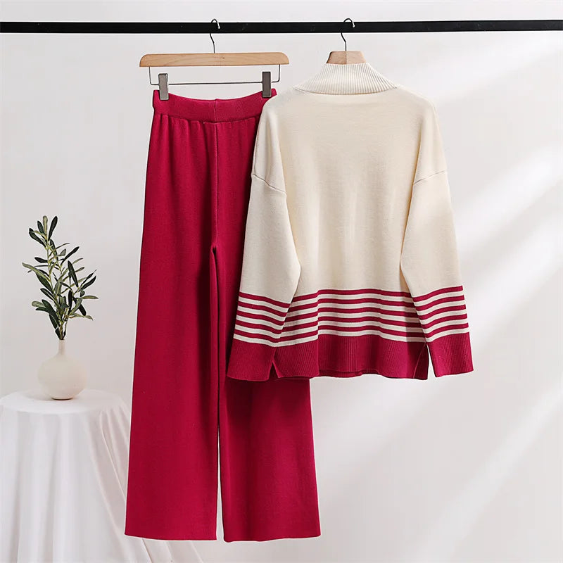 Stripes & Solid Knit Matching Set - Knitted Two Piece Set Outfit | Chuzko.com