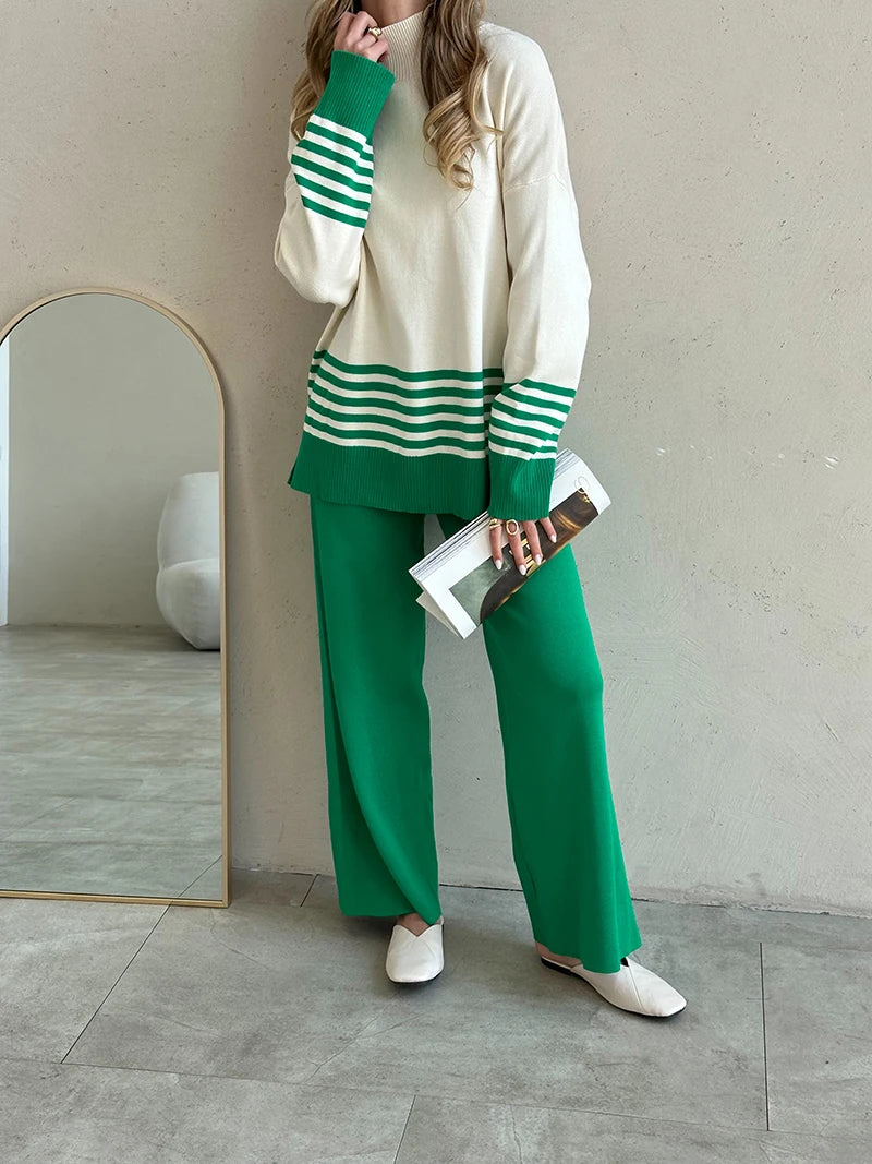 Stripes & Solid Knit Matching Set - Knitted Two Piece Set Outfit | Chuzko.com