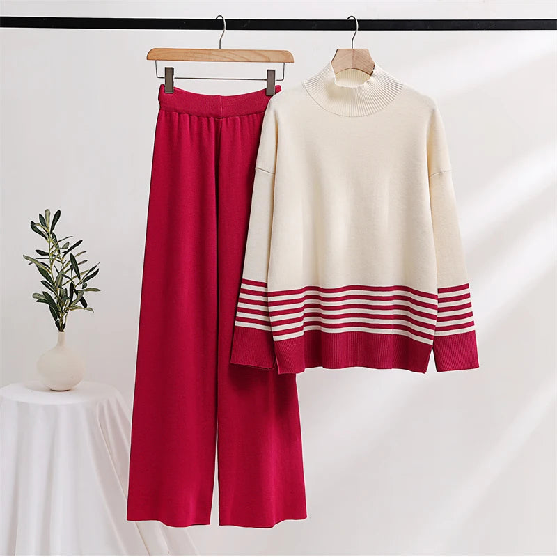 Stripes & Solid Knit Matching Set - Knitted Two Piece Set Outfit | Chuzko.com