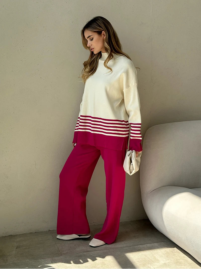 Stripes & Solid Knit Matching Set - Knitted Two Piece Set Outfit | Chuzko.com