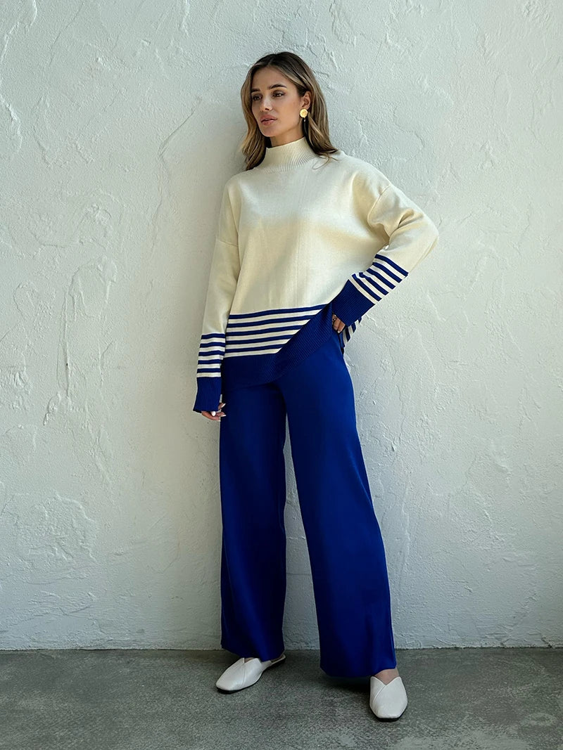 Stripes & Solid Knit Matching Set - Knitted Two Piece Set Outfit | Chuzko.com