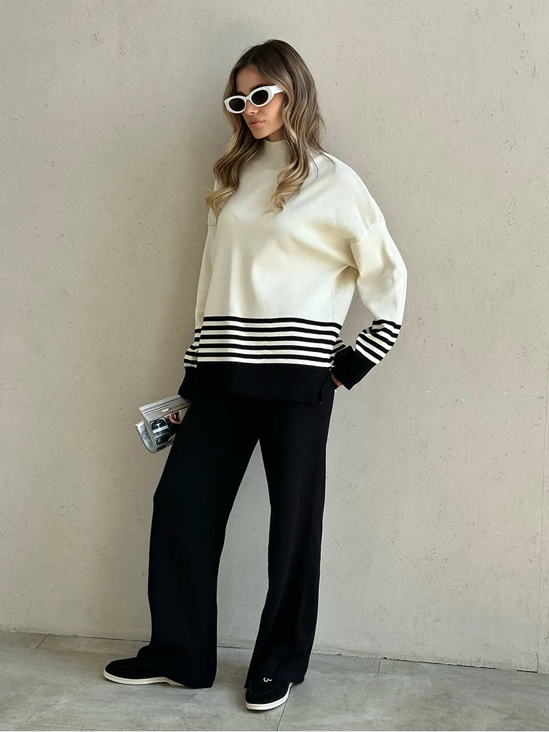 Stripes & Solid Knit Matching Set - Knitted Two Piece Set Outfit | Chuzko.com