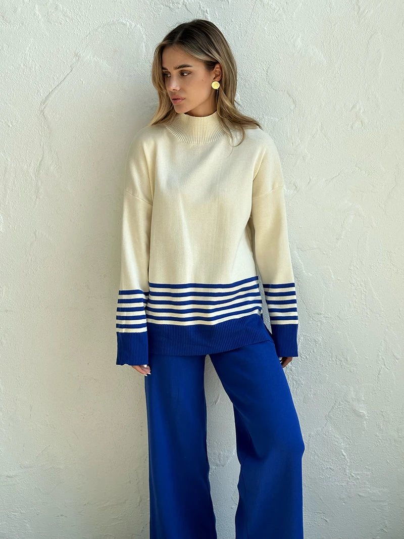 Stripes & Solid Knit Matching Set - Knitted Two Piece Set Outfit | Chuzko.com